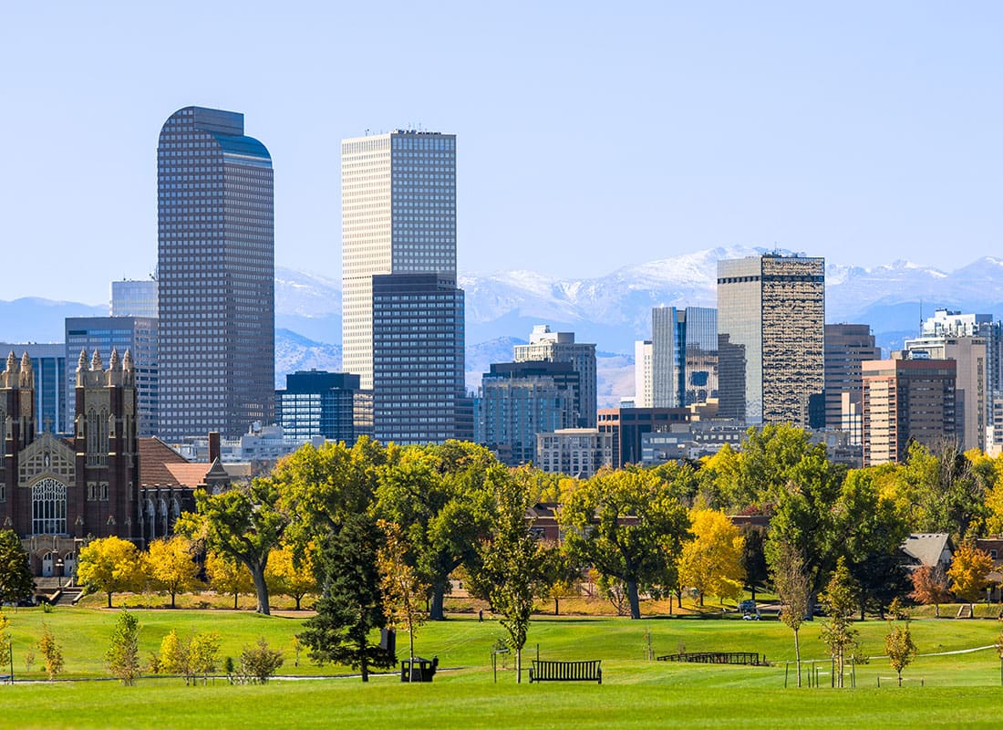 Denver, CO - Aerial View of Denver, CO With City Buildings and a Park